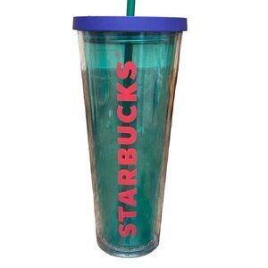 RARE Starbucks Coffee Tumbler Clear Teal w/ Clear Teal Straw Navy Lid 2014